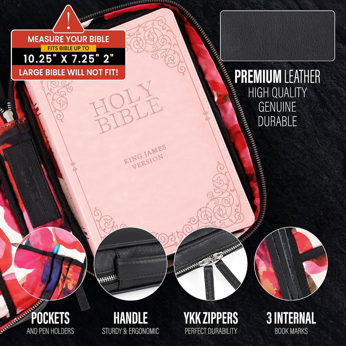 Study Leather Bible Case (Black with Floral Interior)