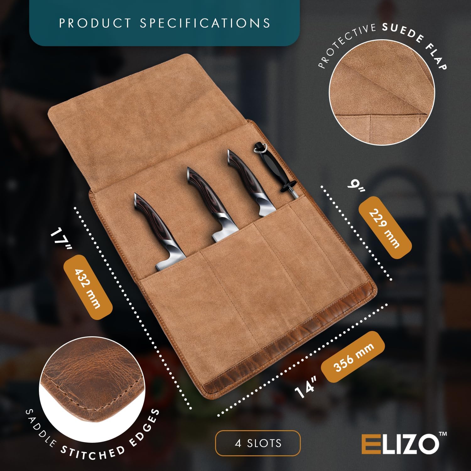 Leather Knife Roll  for Chefs – 4 Slots (Bourbon)