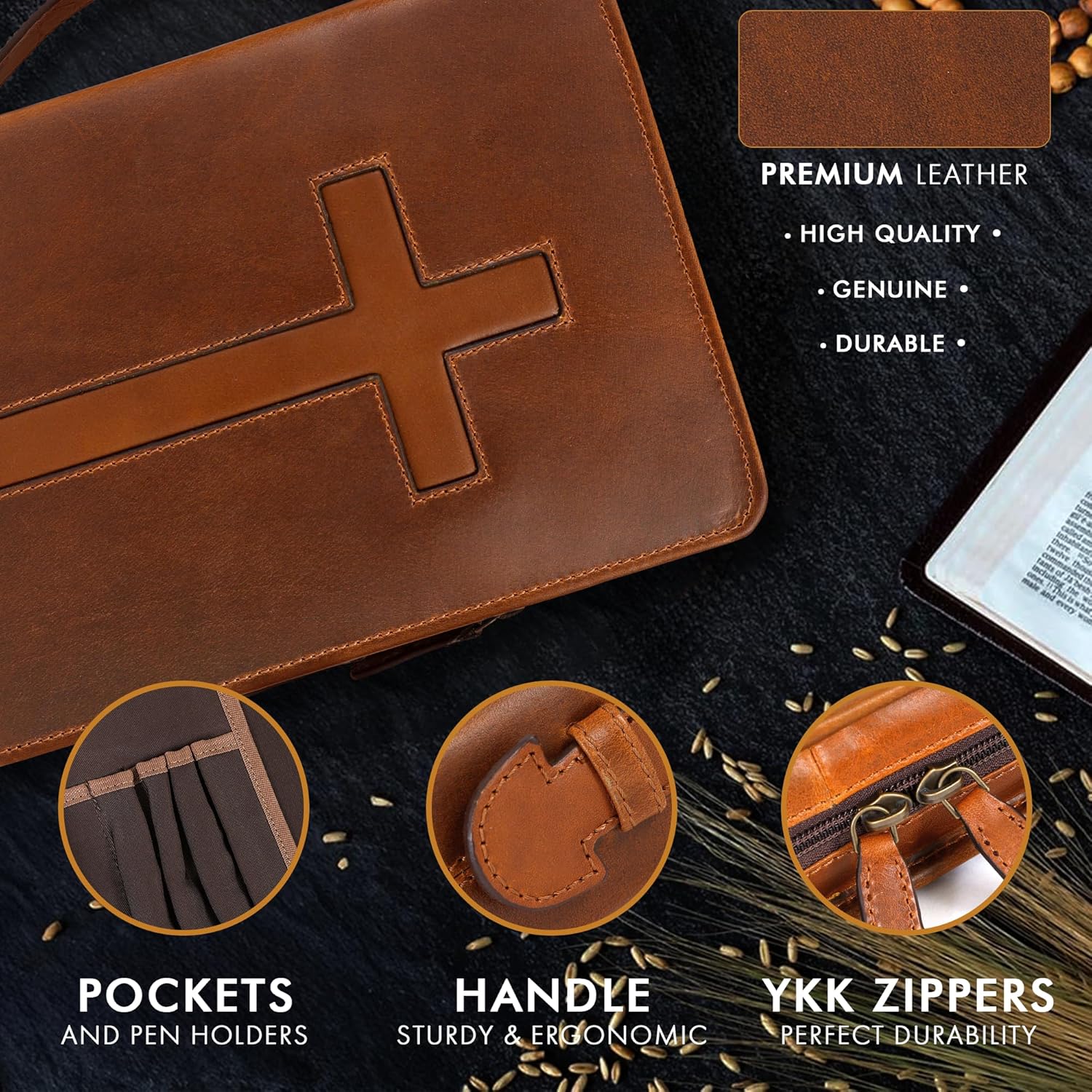 Study Leather Bible Case (Cognac/Tan)
