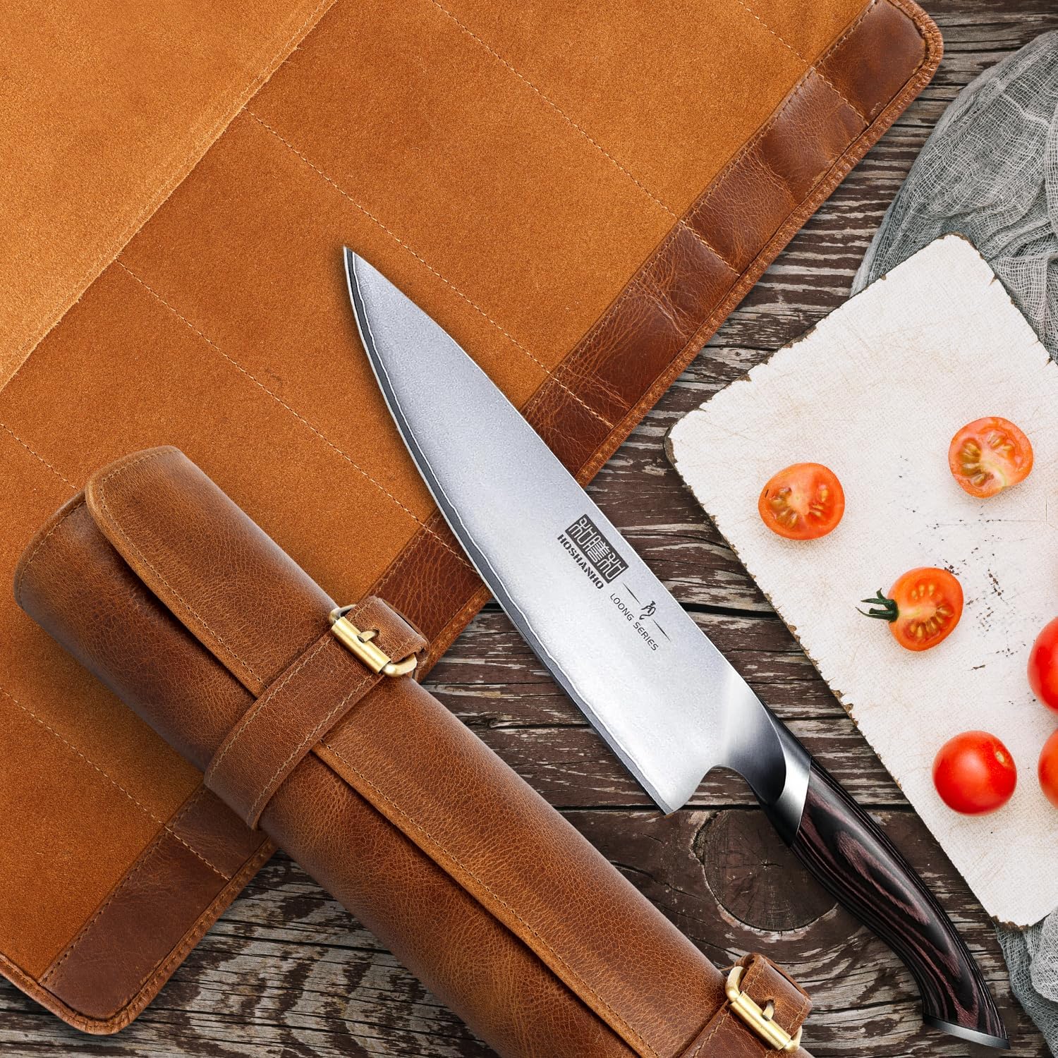 Full Grain Leather Knife Roll for Chefs - 7 Slots (Cognac, Buckle Style)