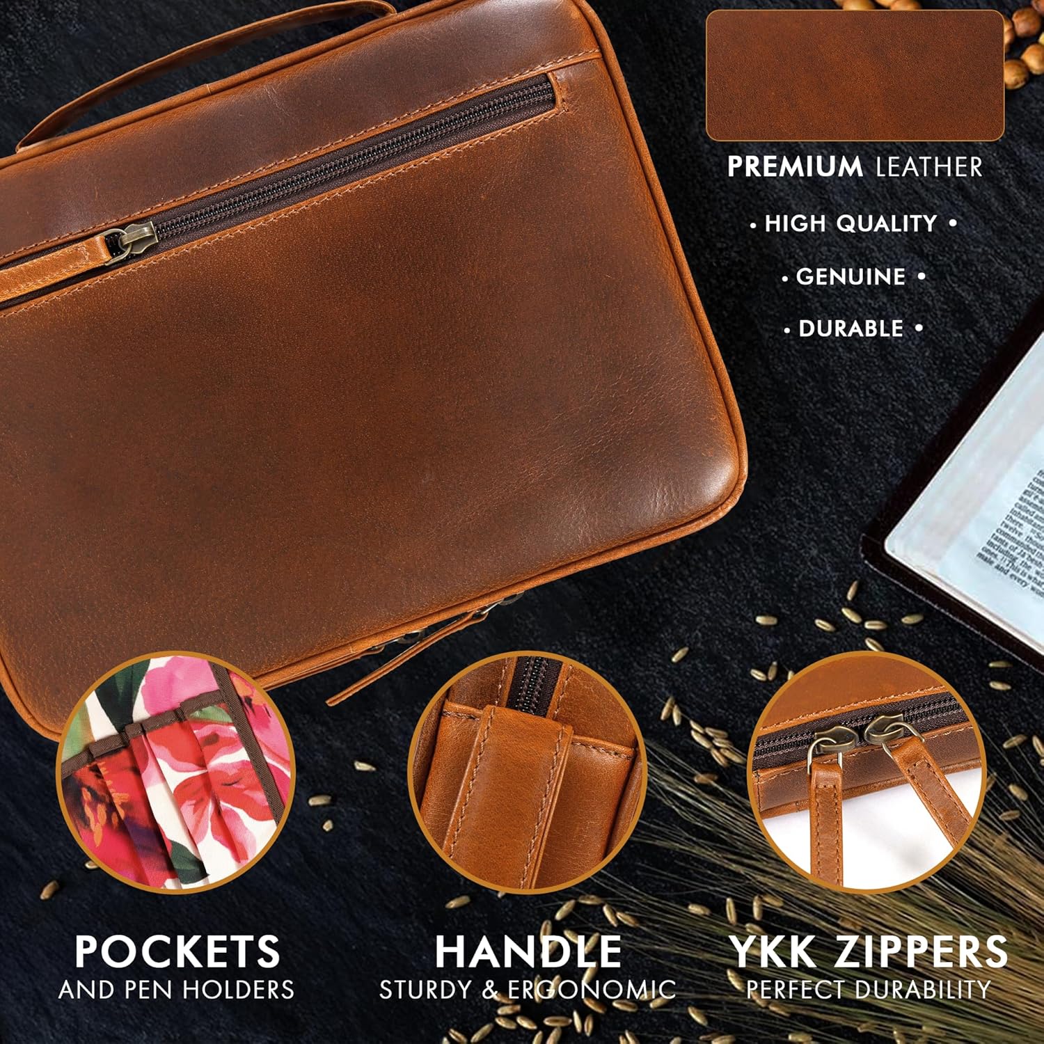 Leather Bible Case (Cognac with Floral Interior)