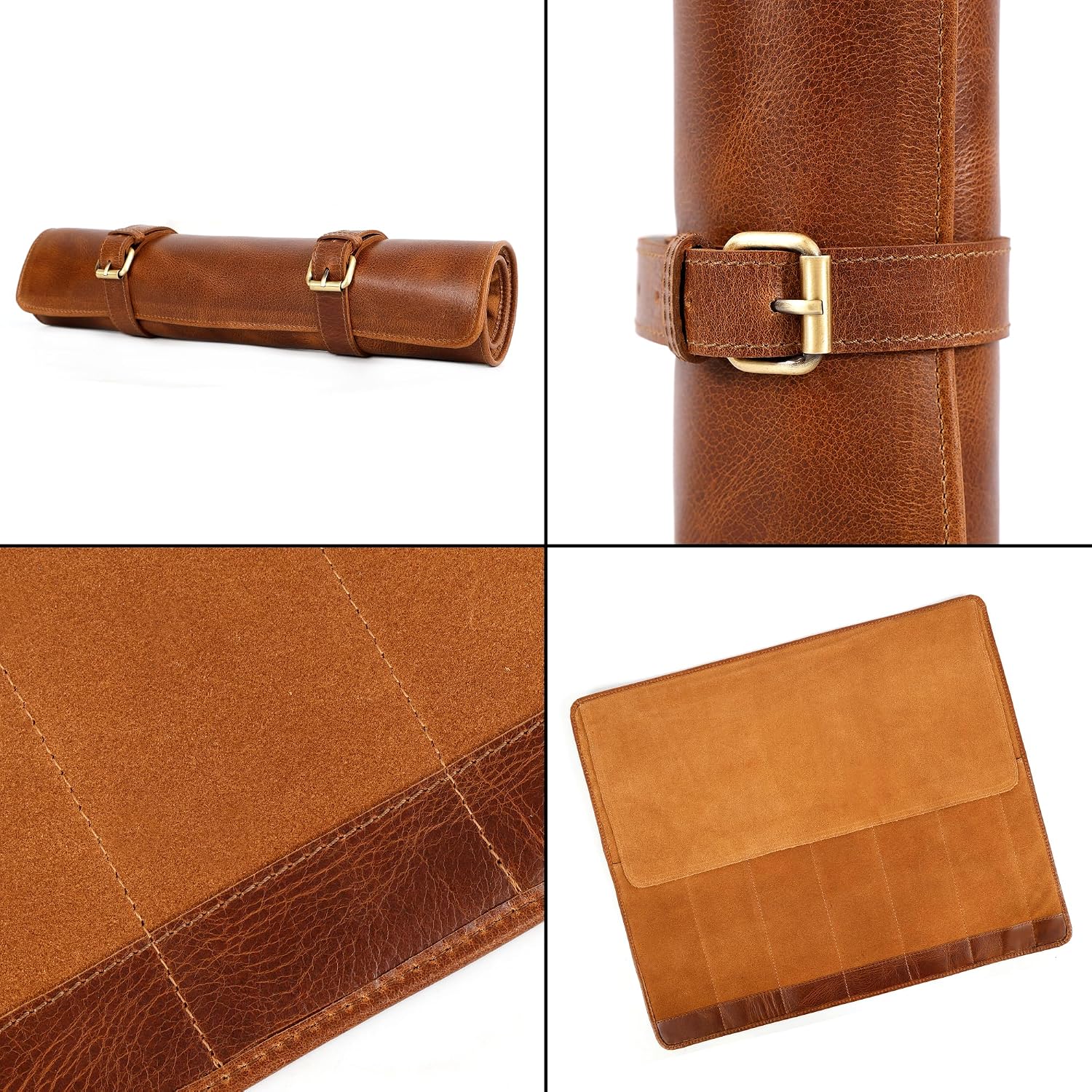 Full Grain Leather Knife Roll for Chefs - 7 Slots (Cognac, Buckle Style)