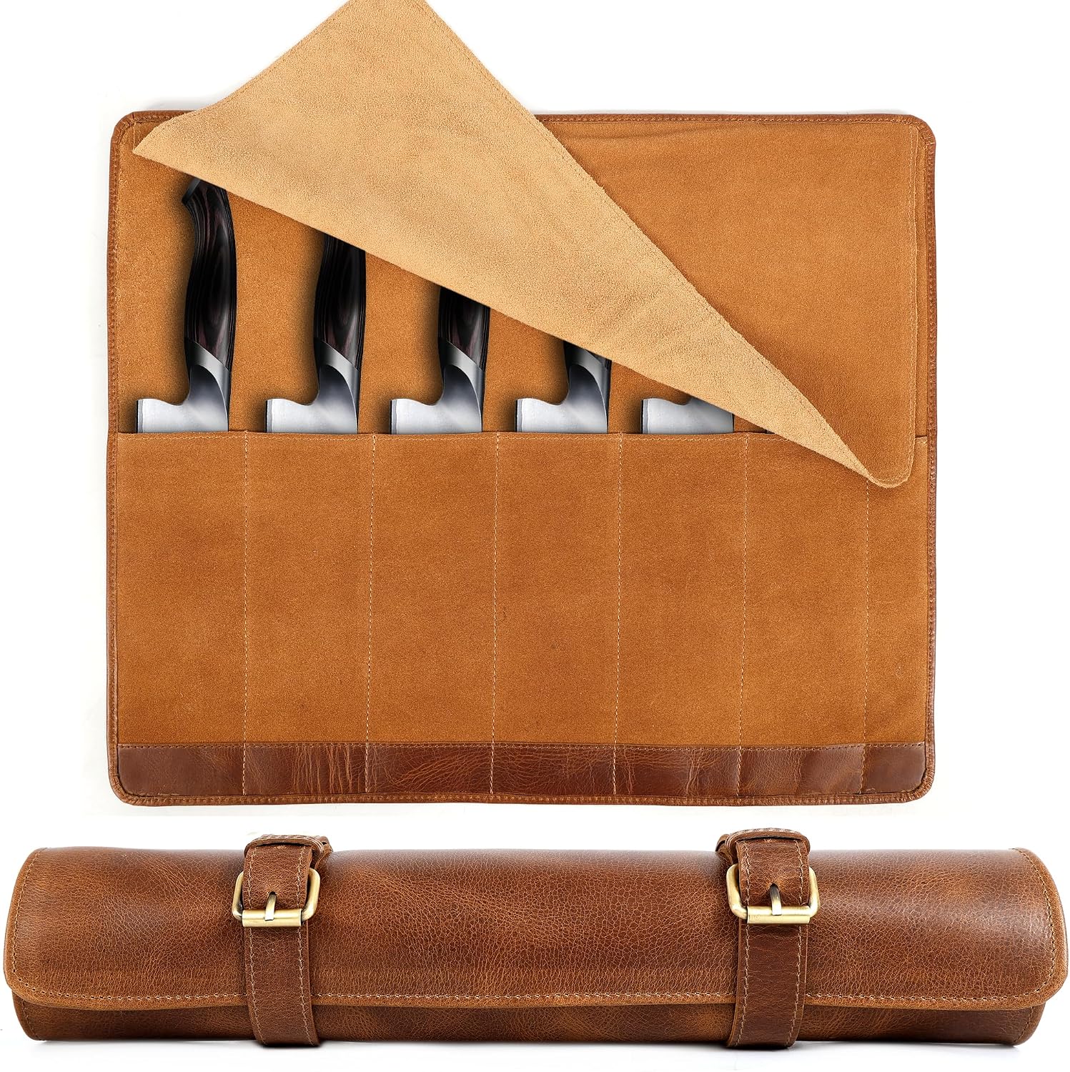 Full Grain Leather Knife Roll for Chefs - 7 Slots (Cognac, Buckle Style)