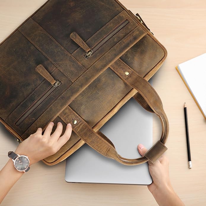 Leather Briefcase for 16-Inch Laptop (Grizzly)