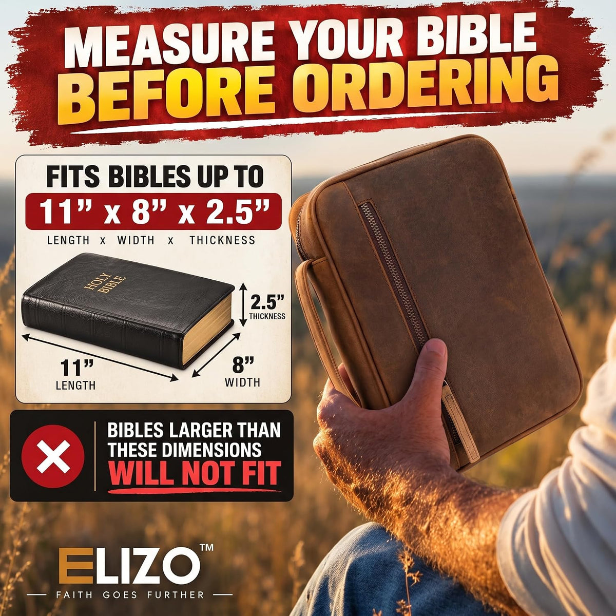 Extra Large Leather Bible Case (Grizzly with Plaid Interior)