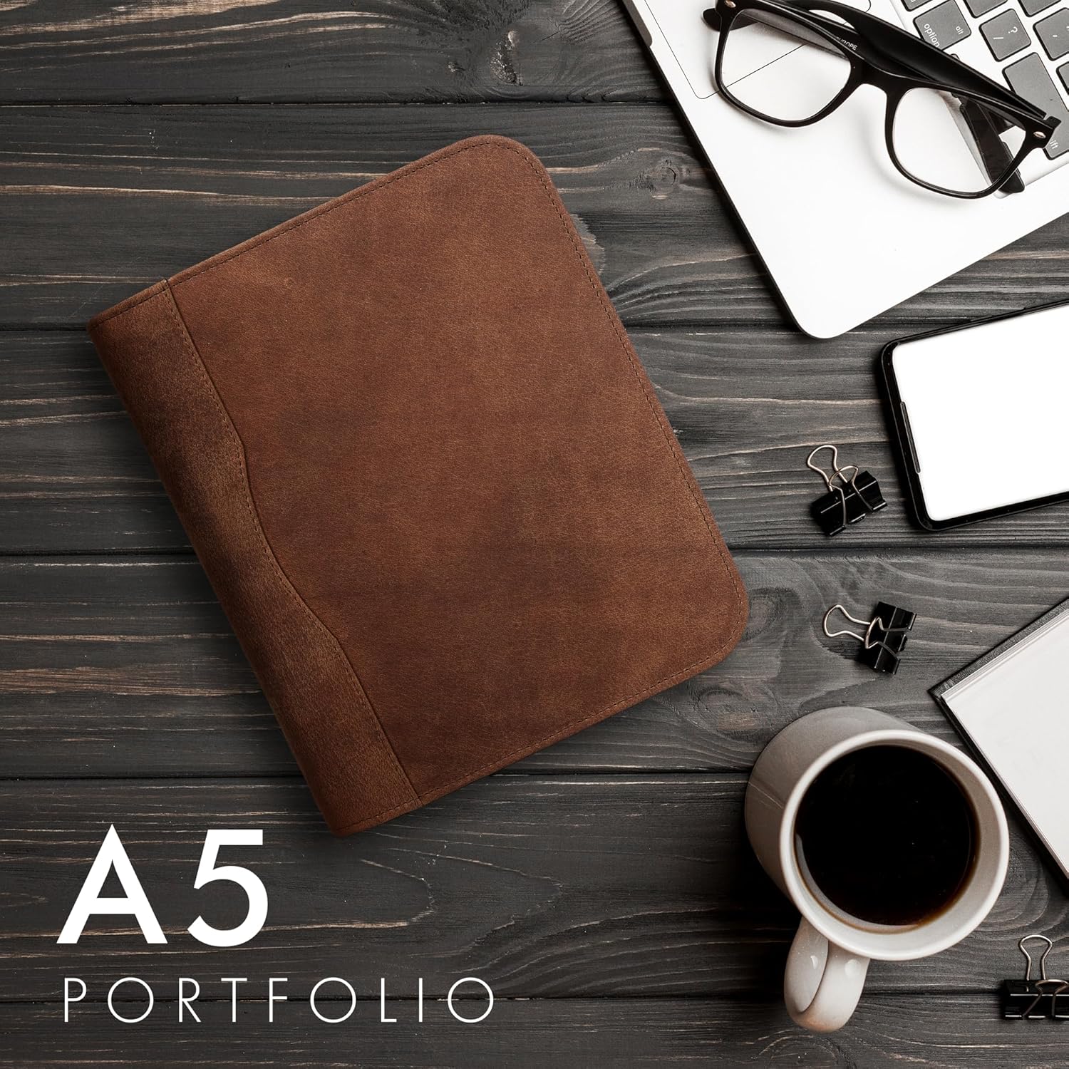 A5 Leather Portfolio & Notebook Cover (Saddle)