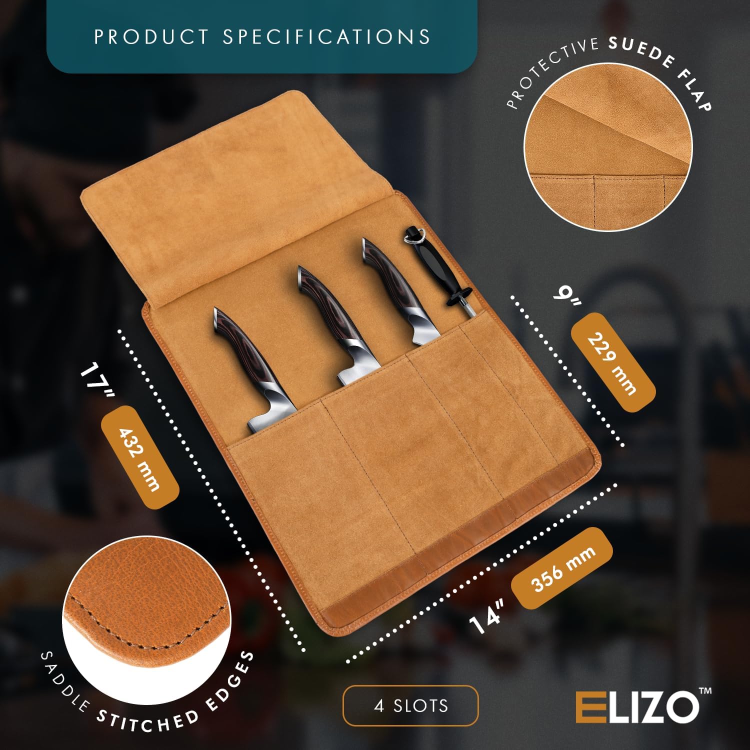 Leather Knife Roll  for Chefs – 4 Slots (Savannah)