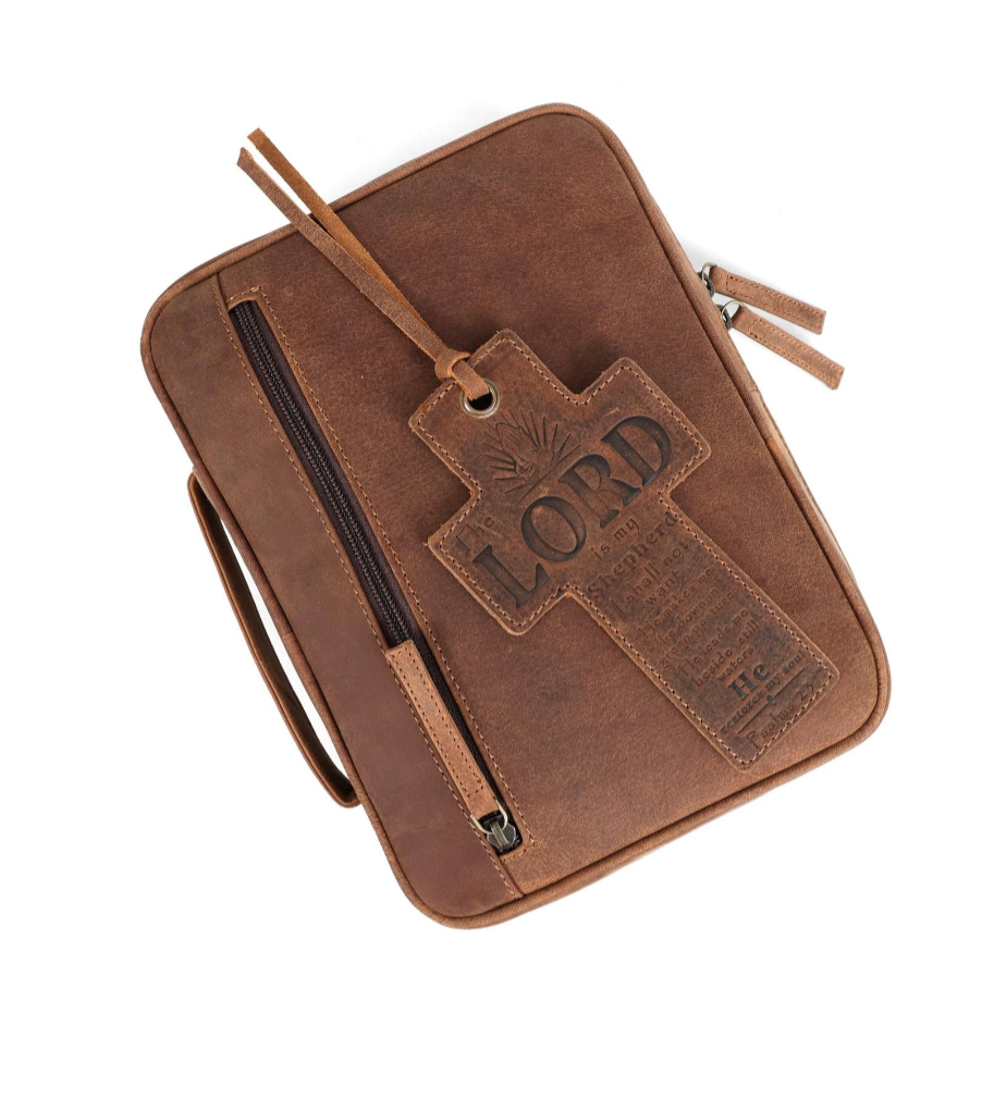 Full Grain Bible Cover with Psalm 23 Cross Tag