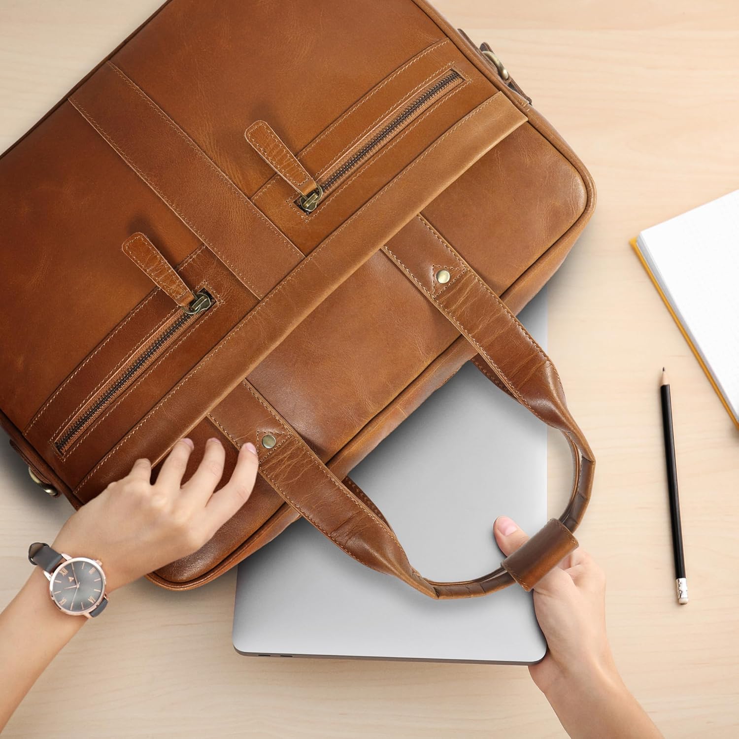 Leather Briefcase for 16-Inch Laptop (Tan)