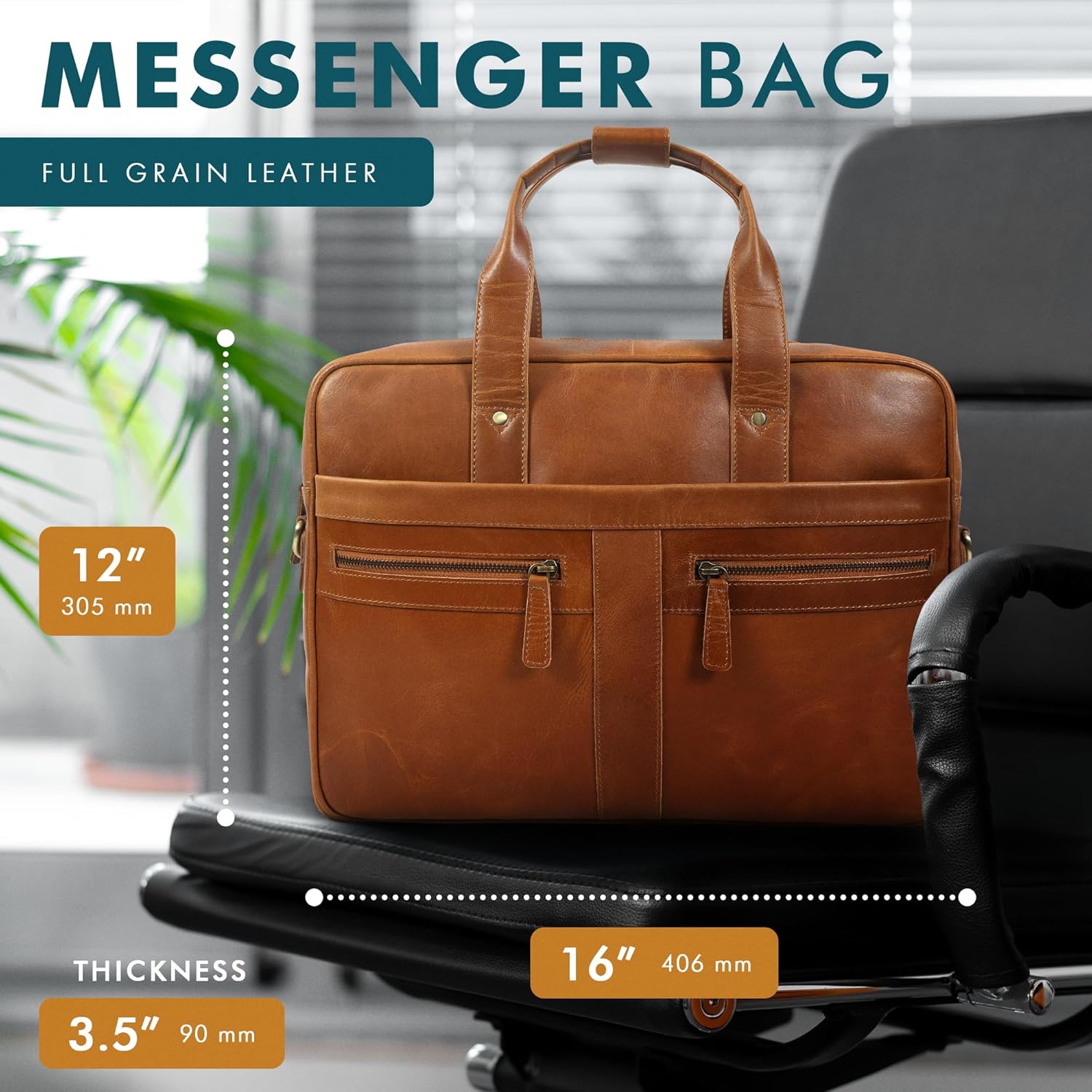 Leather Briefcase for 16-Inch Laptop (Tan)