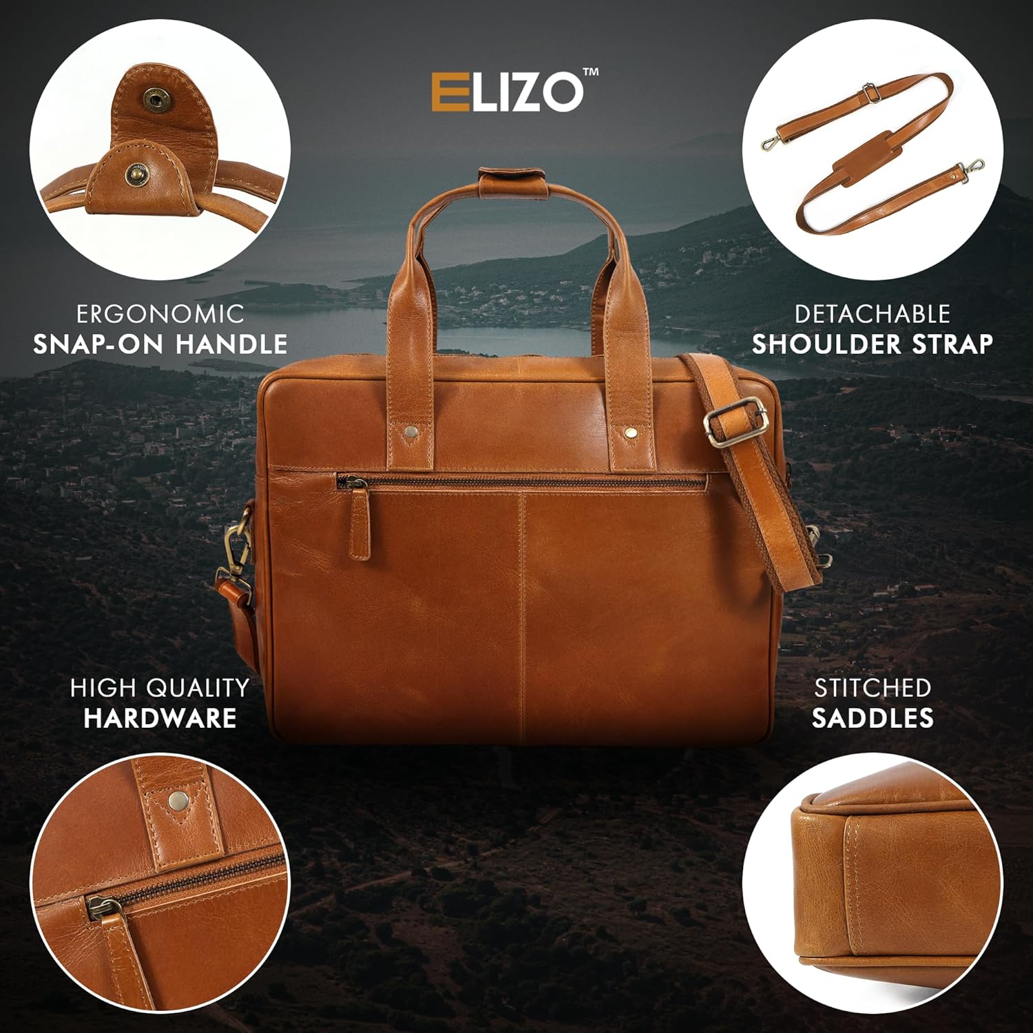 Leather Briefcase for 16-Inch Laptop (Tan)