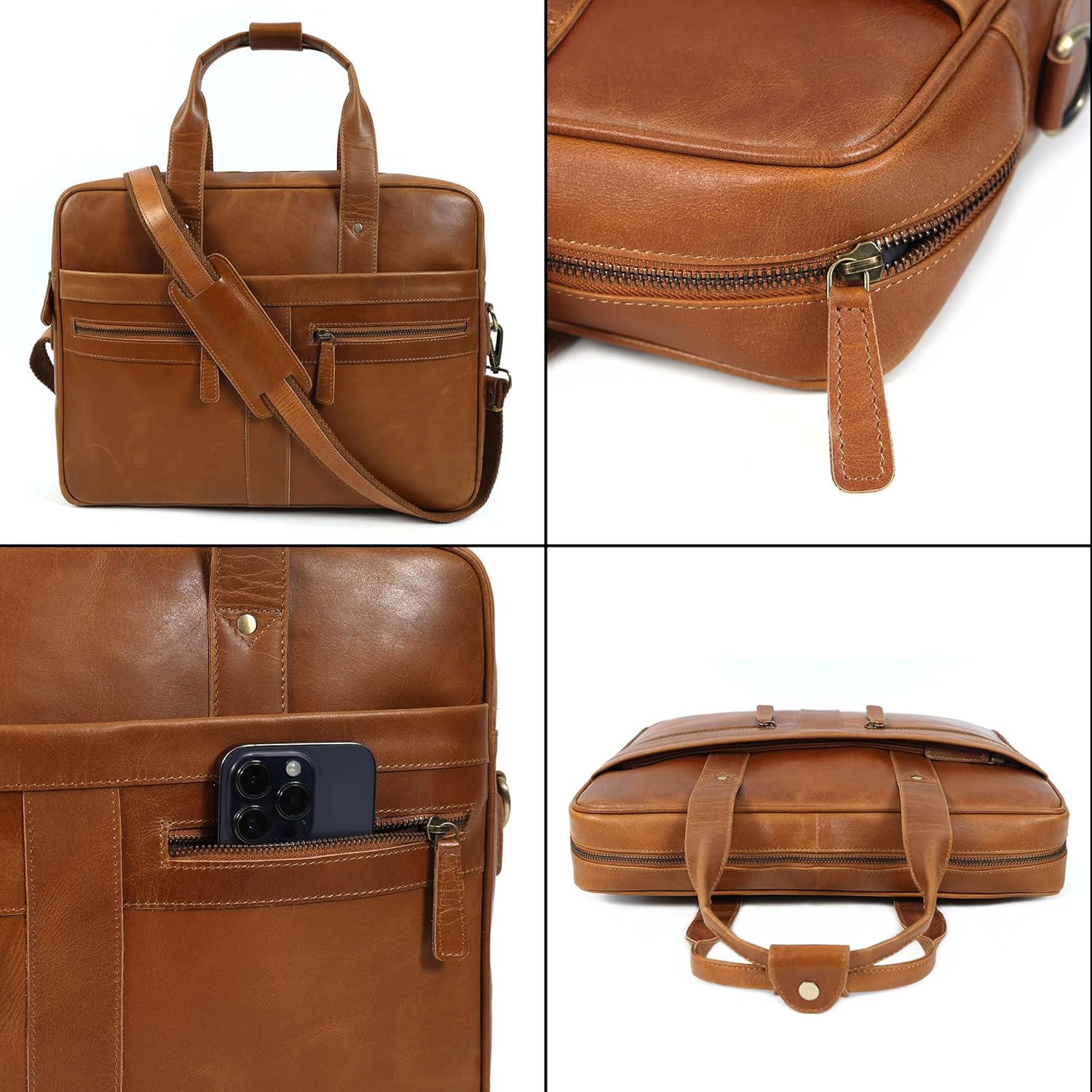 Leather Briefcase for 16-Inch Laptop (Tan)
