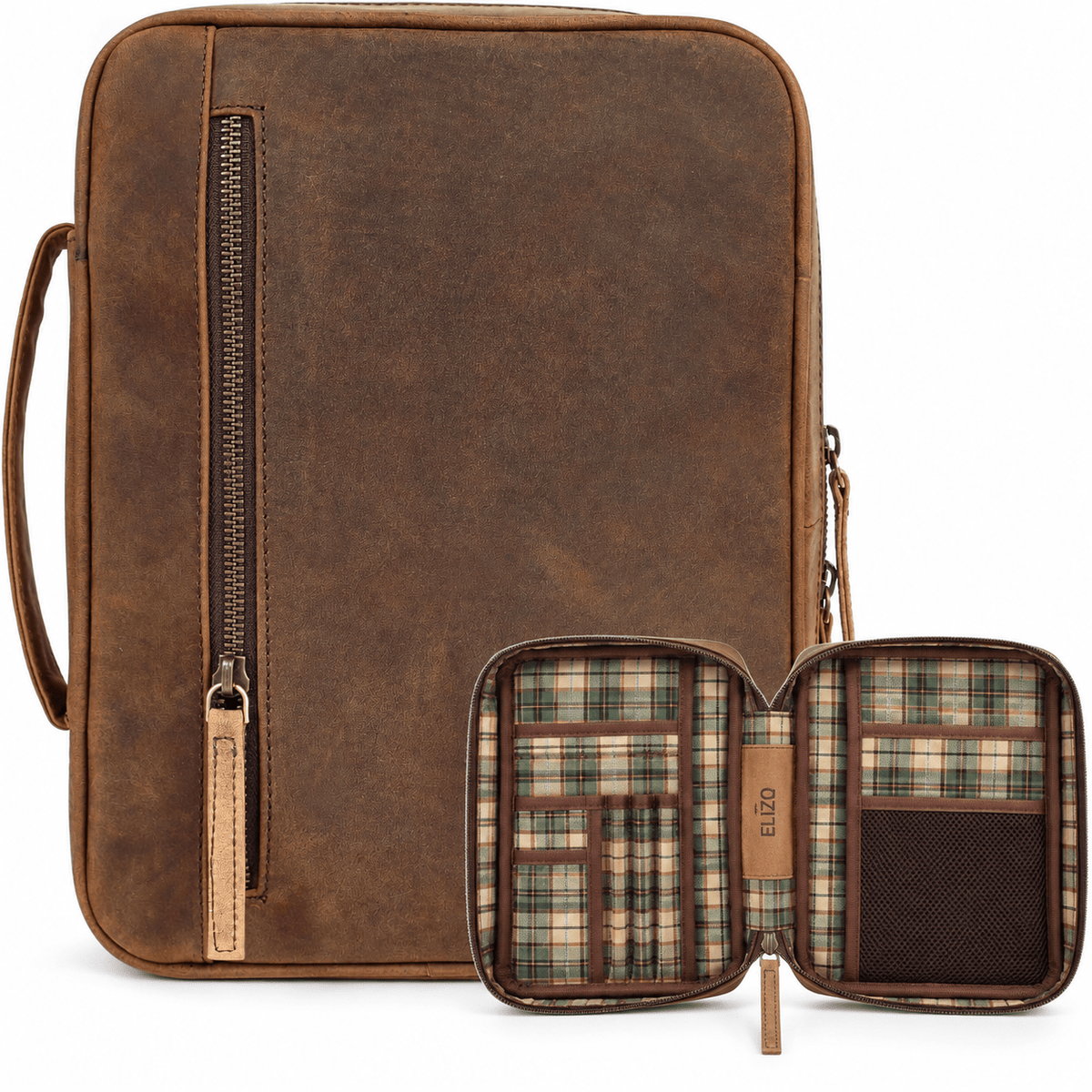 Extra Large Leather Bible Case (Grizzly with Plaid Interior), #product_type - Elizo