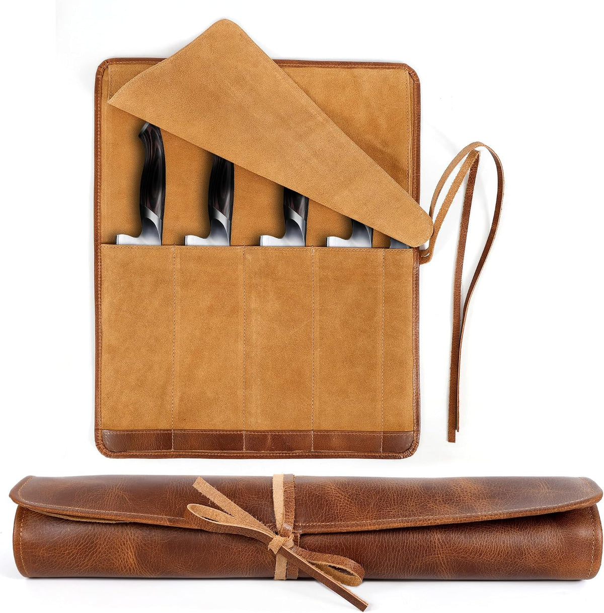 Full Grain Leather Knife Roll for Chefs - 5 Slots (Cognac, Wrap Style), #product_type - Elizo