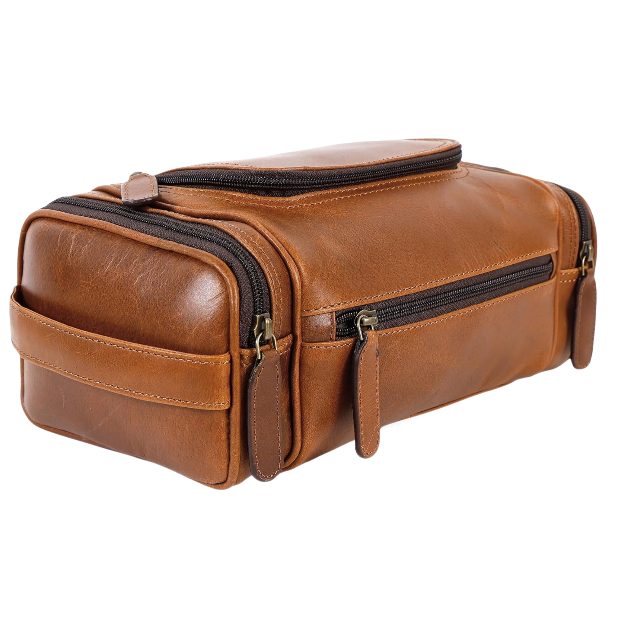 Leather Toiletry Bag Dopp Kit (Large, Cognac)