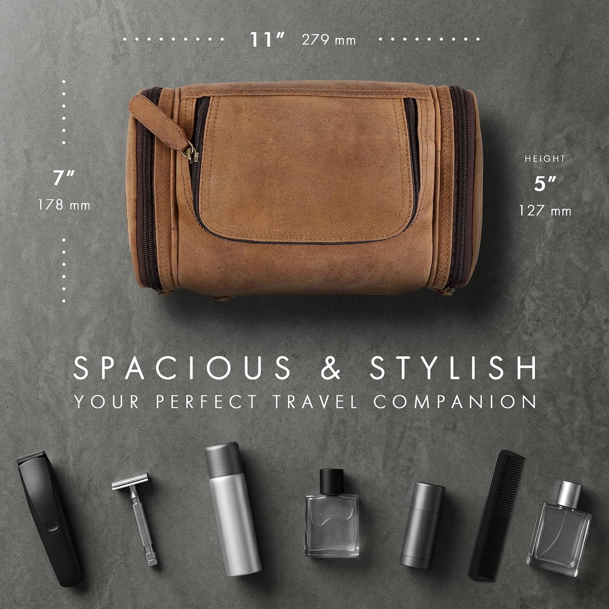Leather Toiletry Bag Dopp Kit (Large, Saddle), #product_type - Elizo