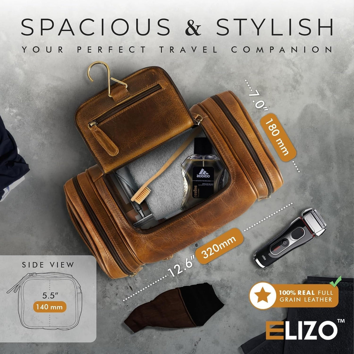 Leather Toiletry Bag Dopp Kit (X-Large, Antique), #product_type - Elizo