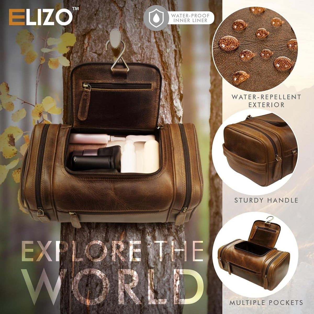 Leather Toiletry Bag Dopp Kit (X-Large, Antique), #product_type - Elizo
