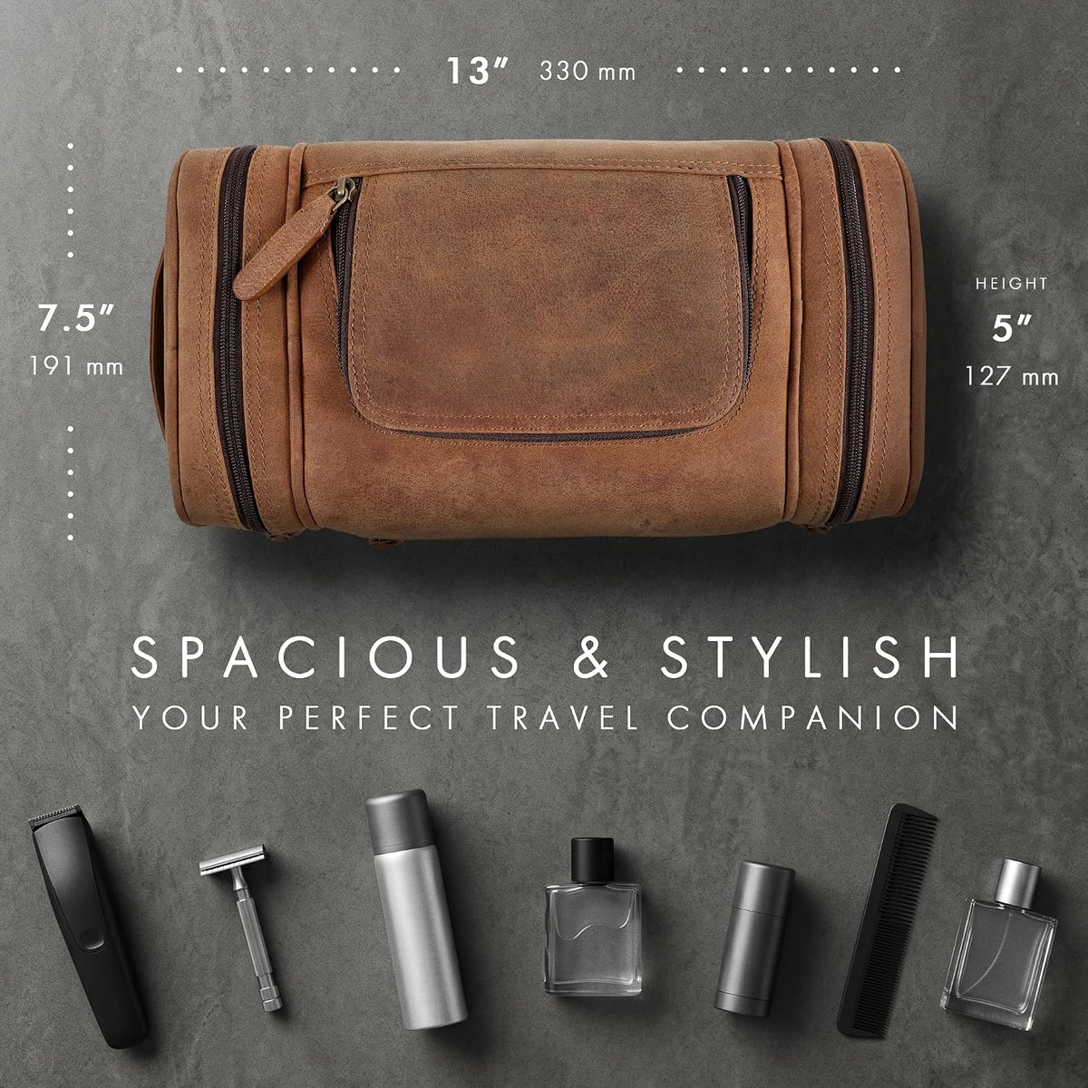 Leather Toiletry Bag Dopp Kit (X-Large, Saddle), #product_type - Elizo