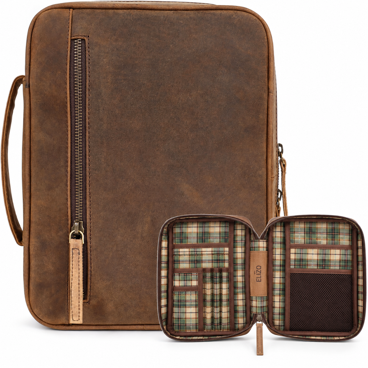 Extra Large Leather Bible Case (Grizzly with Plaid Interior)